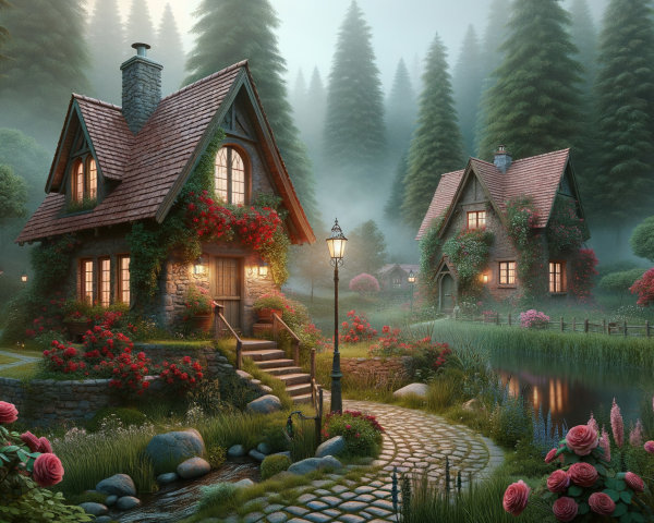 Serene Forest Cottages with Vibrant Flowers and Streams