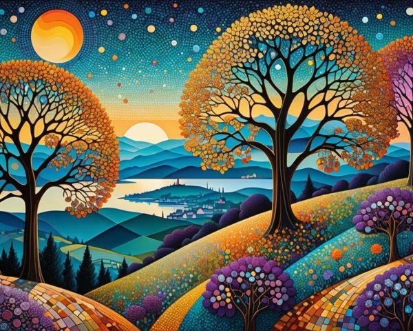 Vibrant Painting of Fantastical Landscape with Trees