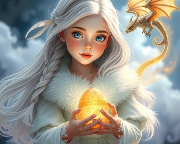 Young girl with silver hair and golden egg in sky