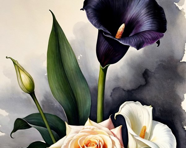 Arrangement of Purple Calla Lily and Peach Rose Flowers