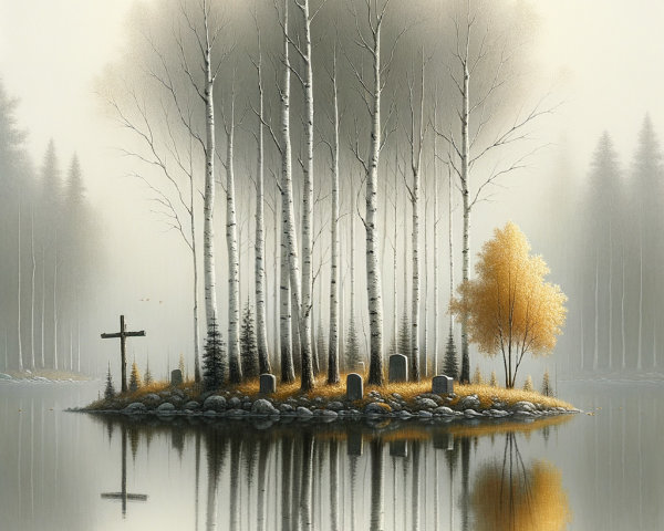 Tranquil Island Scene with Birch Trees and Fog