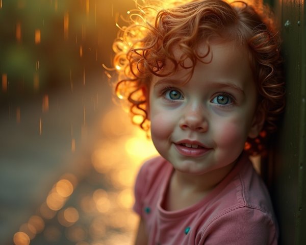 Child with curly hair in golden sunlight and raindrops
