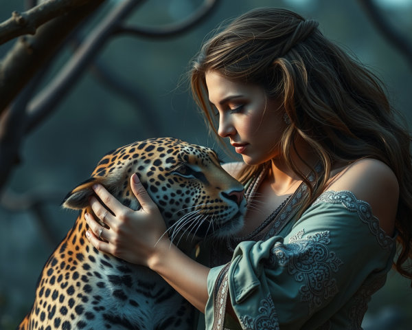 Woman Embracing Leopard in Serene Wilderness Setting