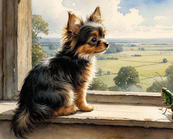 Fluffy Dog on Windowsill Overlooking Green Fields
