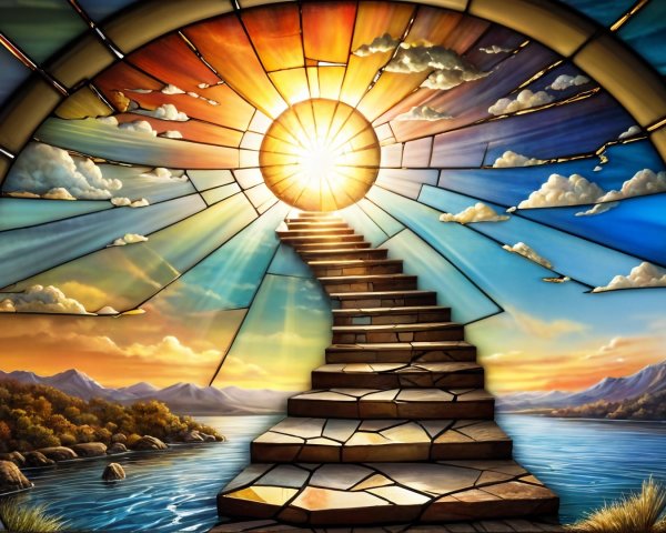 Vibrant Stained Glass Window with Grand Staircase and Sun