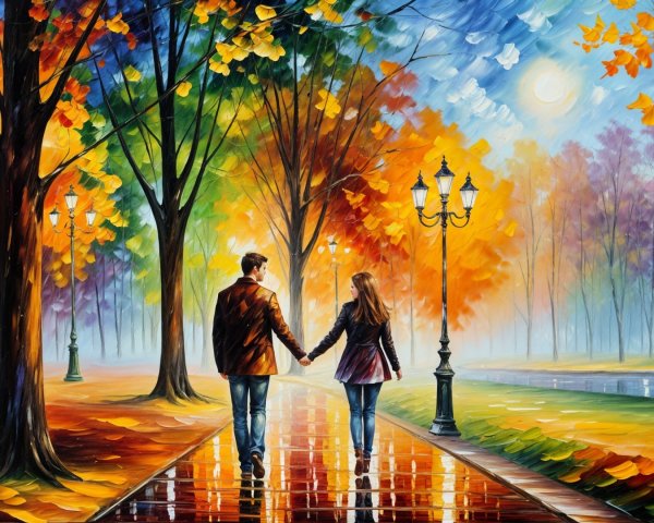 Autumn Scene of Couple on Rain-Soaked Pathway