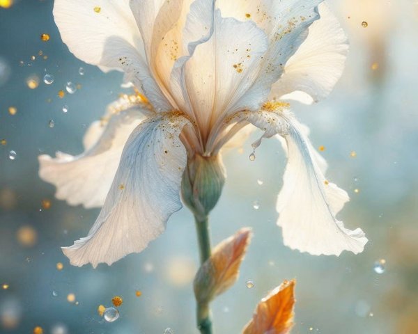 Delicate White Iris with Shimmering Droplets and Bokeh