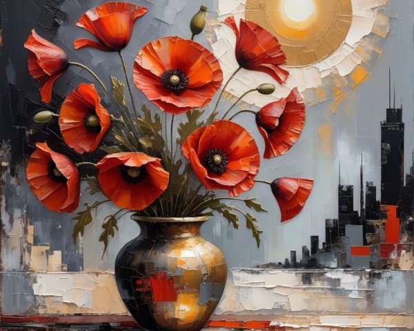 Vibrant Still Life of Red Poppies and Urban Silhouettes