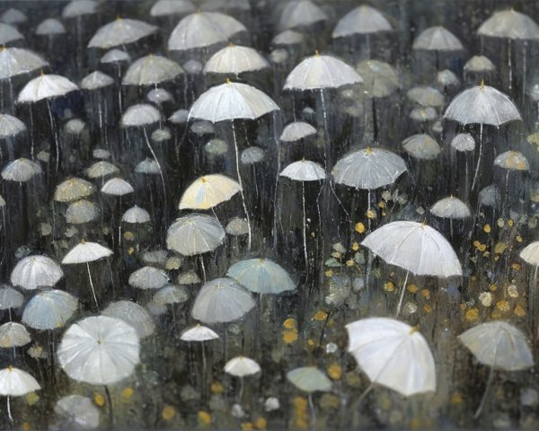Dreamlike Scene with White Umbrellas in Rain