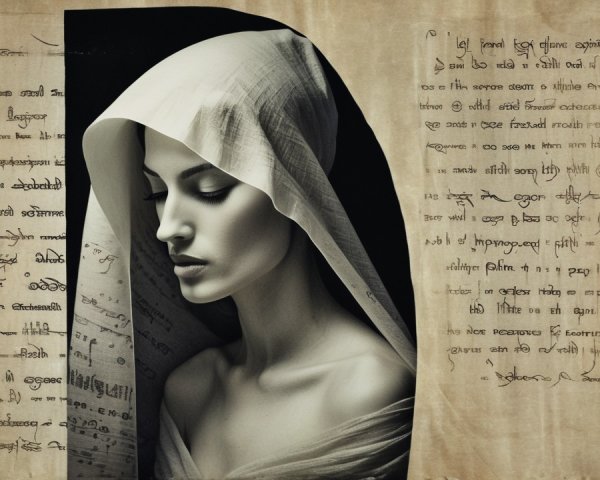 Stylized Portrait of a Woman with Veil and Scripts