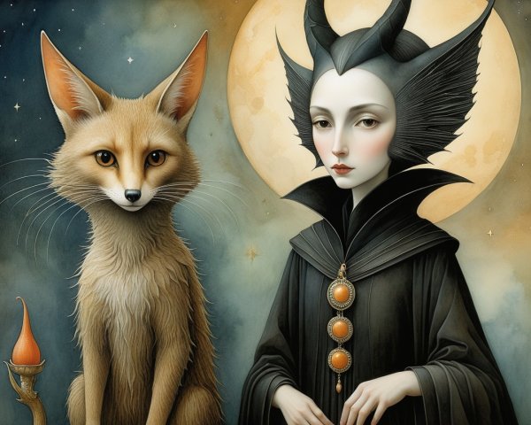 Regal Figure in Cloak with Fennec Fox Under Moonlight