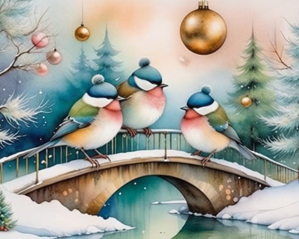 Watercolor Painting of Birds on a Snowy Bridge