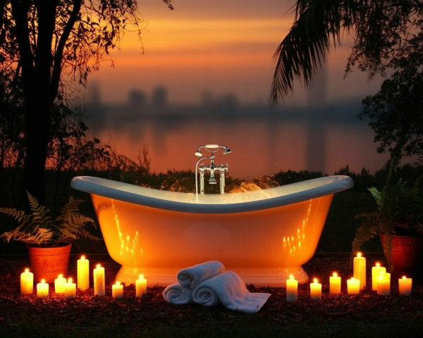 Vintage Bathtub Surrounded by Lush Greenery at Sunset