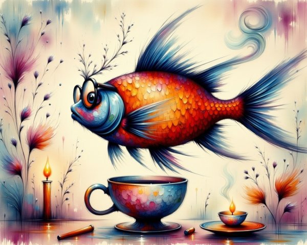 Whimsical Fish Above Teacup in Dreamlike Scene