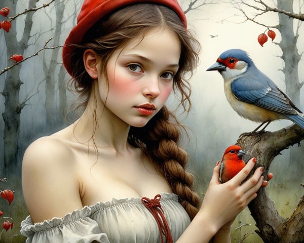 Young girl with birds in a misty forest setting