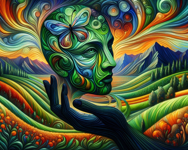 Surreal Artwork with Human Face and Butterfly Symbolism
