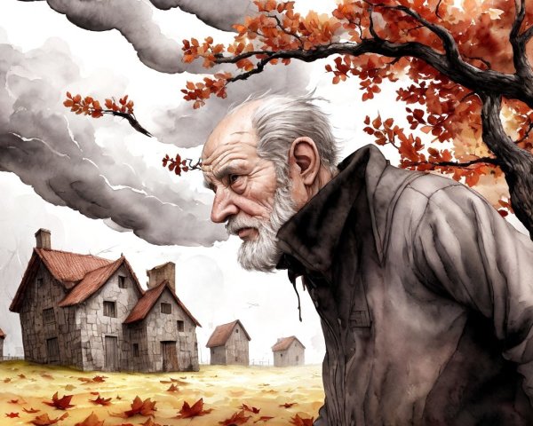 Elderly Man Contemplates Autumn Landscape and Houses