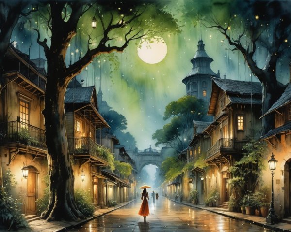 Moonlit Street with Old-World Architecture and Lanterns
