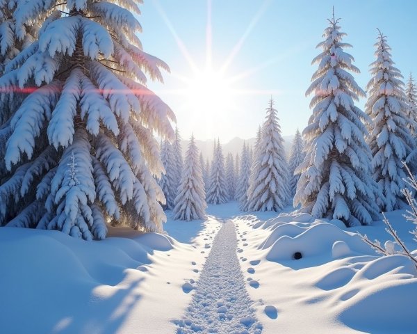 Snowy Winter Landscape with Sunlit Trees and Path