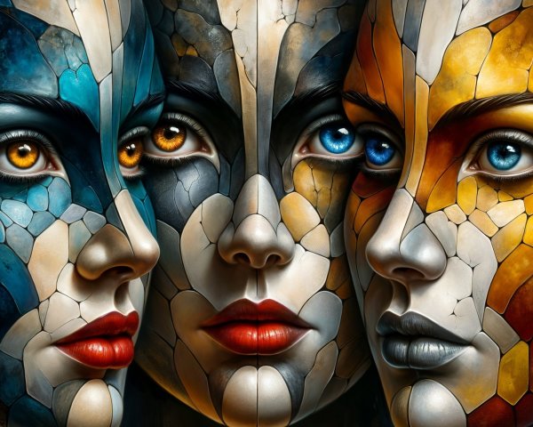 Three Stylized Faces with Vibrant Cracked Paint