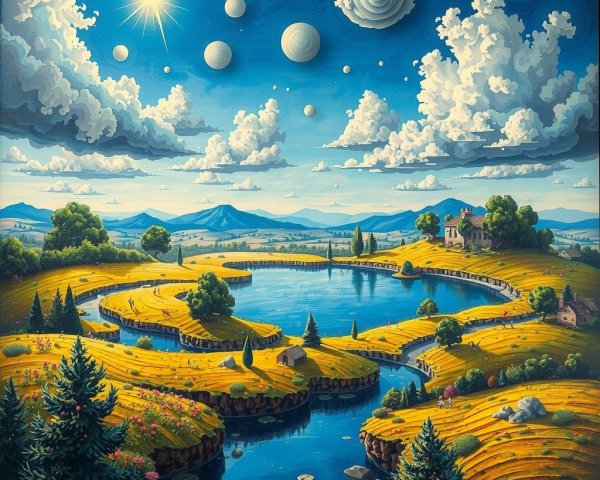Serene Landscape with Winding River and Vibrant Fields
