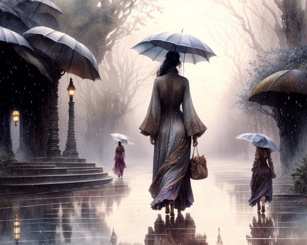 Rainy Landscape with Woman and Girls Under Umbrella