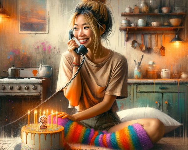 Joyful woman in cozy kitchen with birthday cake