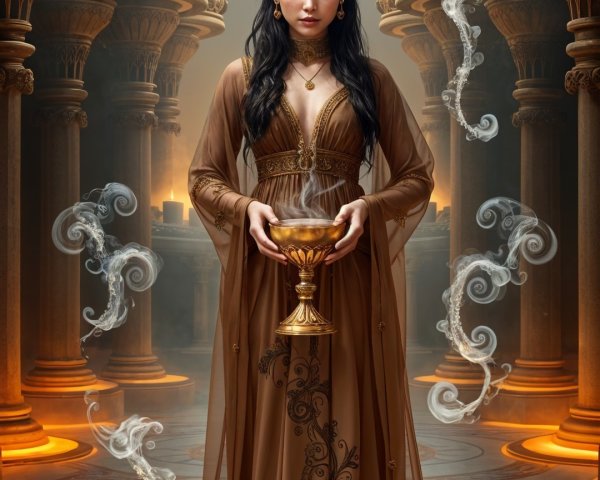 Mysterious Figure in Ornate Temple with Golden Chalice
