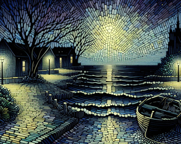 Nighttime Dockside Scene with Moonlit Reflection