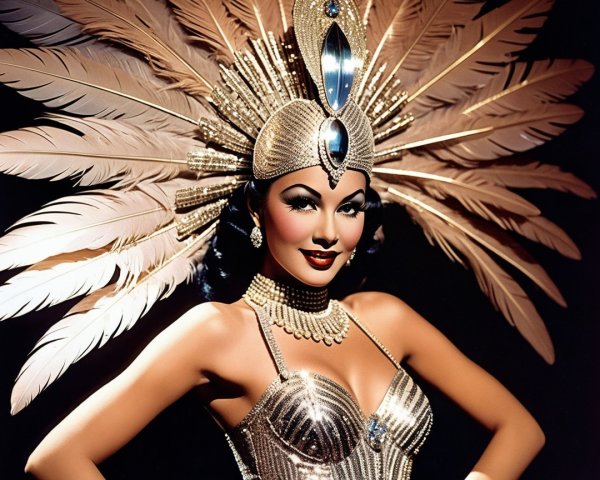 Glamorous Performer in Gold Costume and Feathered Headdress