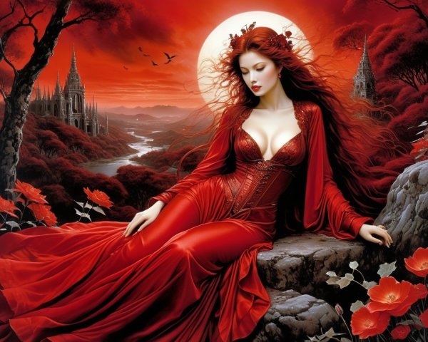 Woman in red gown amidst poppies and mystical landscape