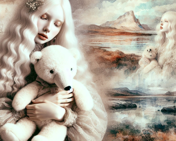 Young girl in vintage dress with teddy bear in serene landscape