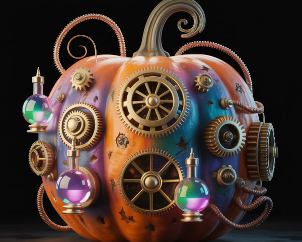 Whimsical Steampunk Pumpkin with Gears and Potions