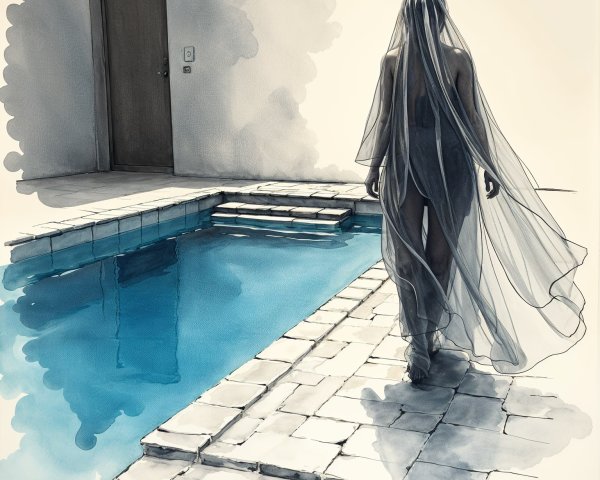 Translucent Veil Figure by Azure Pool in Minimalist Space