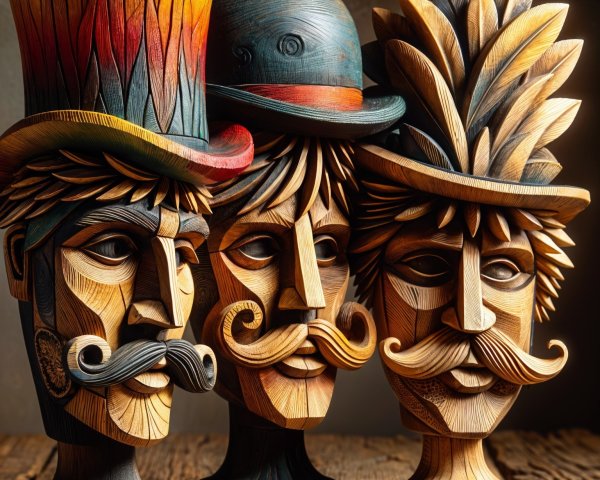 Intricately Carved Wooden Busts with Unique Features