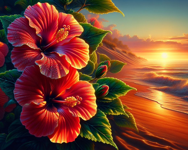 Vibrant Red Hibiscus Flowers at Serene Beach Sunset