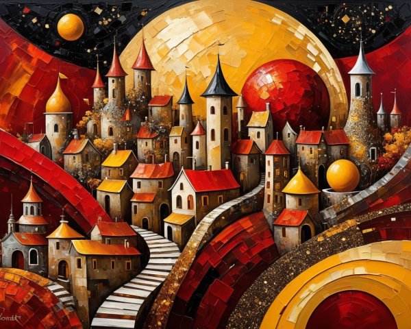 Vibrant Abstract Landscape with Whimsical Village