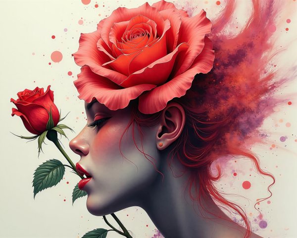 Side-profile portrait of a woman with roses and vibrant hair