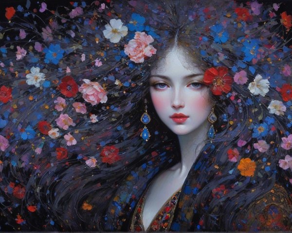 Portrait of a Woman Surrounded by Colorful Flowers