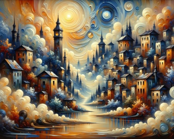 Dreamy Landscape with Surreal Cityscape and Clouds
