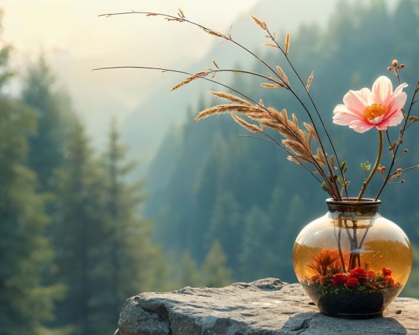 Glass Vase with Pink Flower in Misty Forest Setting