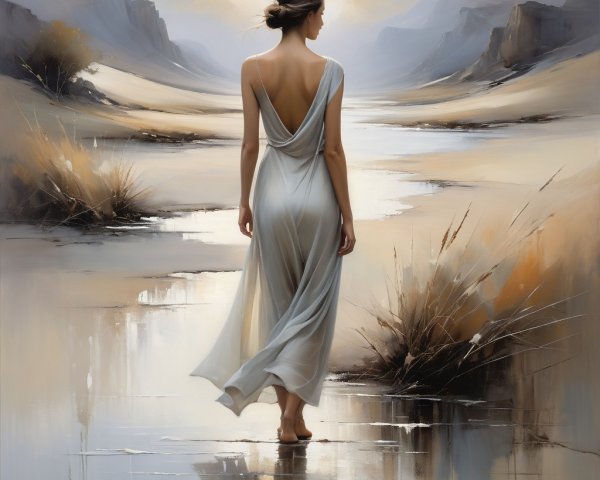 Woman in Gray Dress Walking Through Tranquil Water