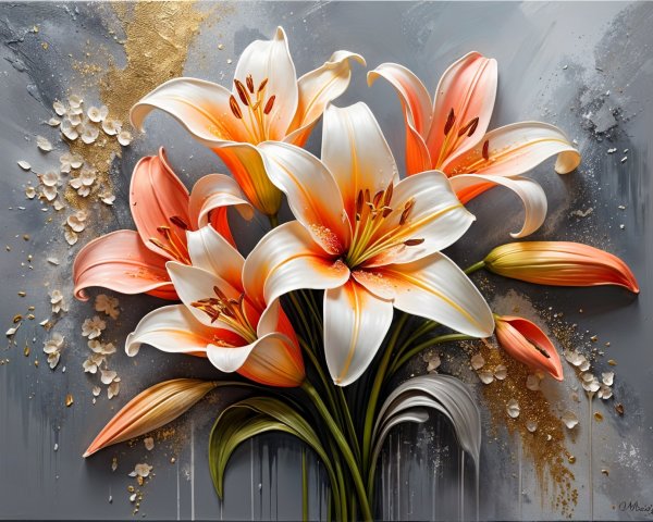 Vibrant bouquet of lilies on textured gray background
