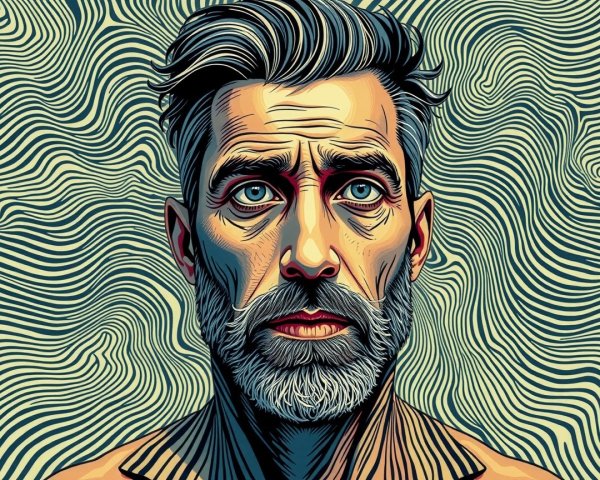 Close-up of a man with gray beard and abstract background