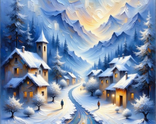 Winter Village Landscape with Snow-Covered Mountains