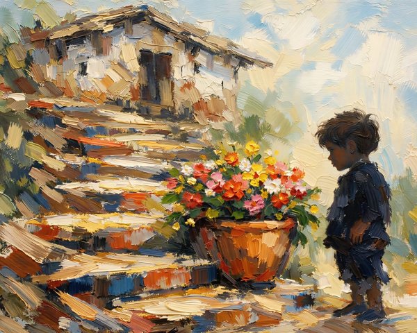 Young boy by clay pot on stone staircase scene