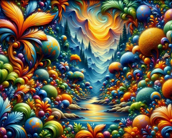 Vibrant Whimsical Landscape with Colorful Flora and River