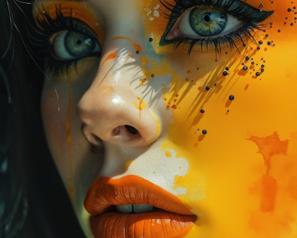 Close-up of a woman's face with colorful makeup details