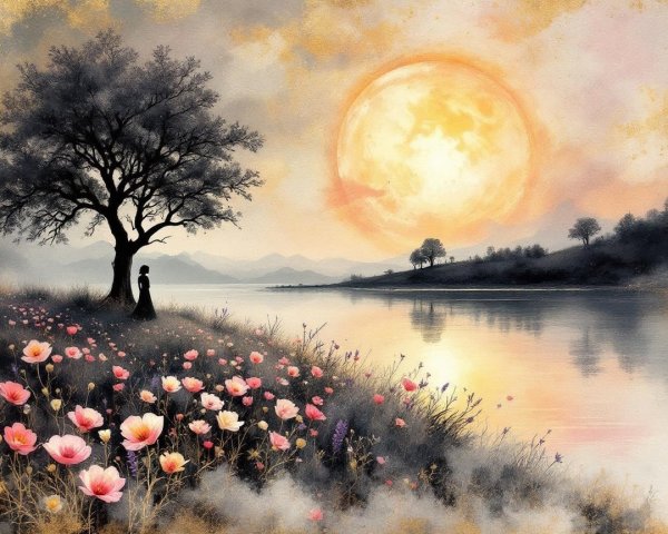 Serene Dusk Landscape with River and Wildflowers