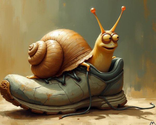 Whimsical Cartoon Snail in a Worn-Out Sneaker